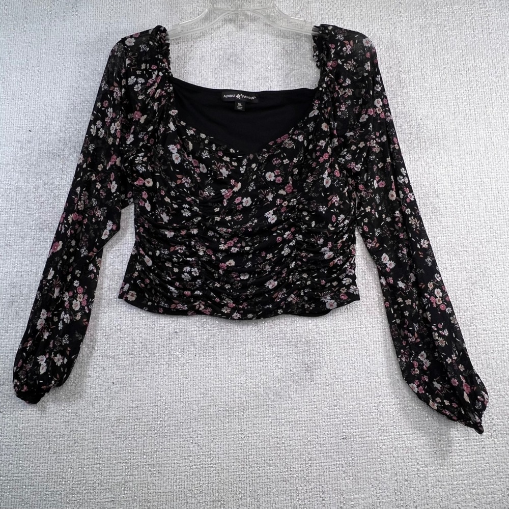 Almost Famous Womens XL Black Floral Ruched Mesh‎ Square Neck Long Sleeve Top